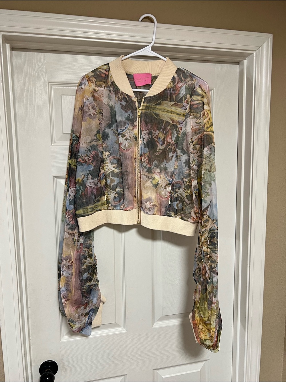 Azalea Wang Sheer Printed Bomber Jacket with Cream Trim
